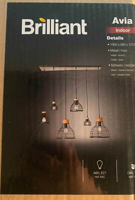 BRILLIANT AVIA - Pendelleuchte 6flg schwarz/holz  E27, 52 W 99562/76 - NEU