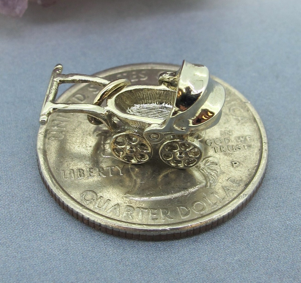 Vintage RQC 14k White Gold 3D Moveable Shade Baby Carriage / Stroller Charm View 6