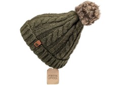NEW Frye And Co Cable Knit Beanie Hat Green Acrylic Blend Faux Fur Pom Pom