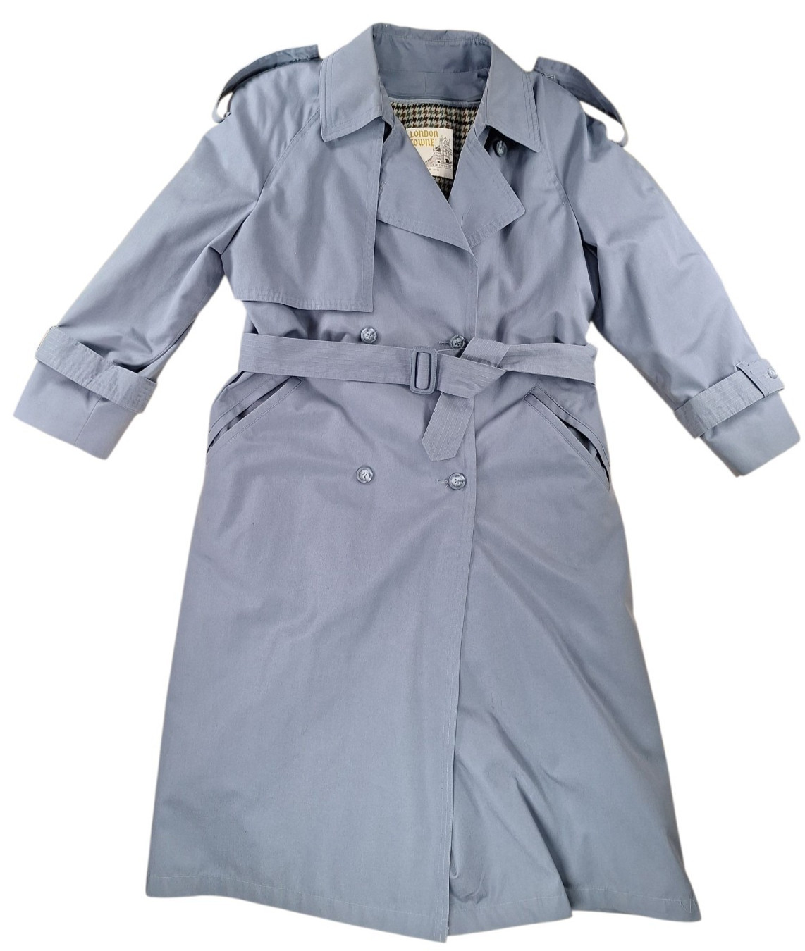 VTG London Towne Trench Coat Slate Blue Womens 8P Belted Zip Out Flannel Lining