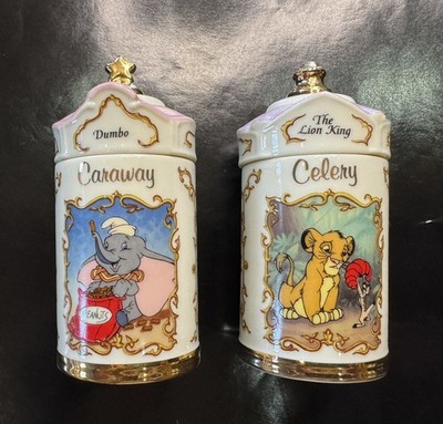 2 / Vintage Walt Disney Spice Jars Dumbo & Lion King Porcelain 24K Gold Name