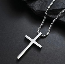 Cross Necklace for Men, Silver Stainless Steel Plain Cross Pendant Necklace for
