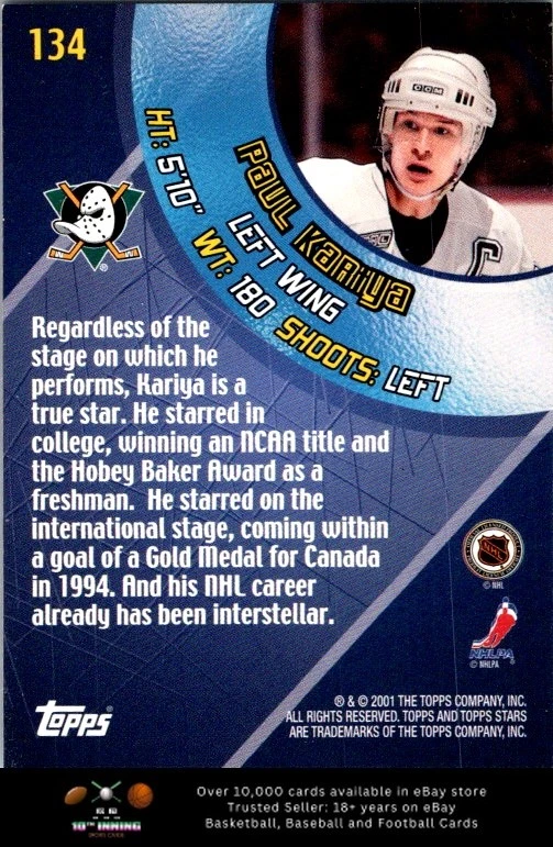 2000-01 Topps Stars HOCKEY #134 Paul Kariya - Image 2 of 2
