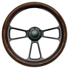 Hiwowsport 14" Universal Grain Wood Steering Wheel Black 3-Spoke 1.5" Depth 380m