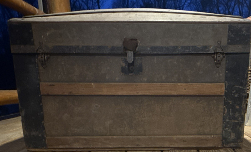 Antique Barrel-Top Wooden Trunk with Metal Hardware & Patterned Interior