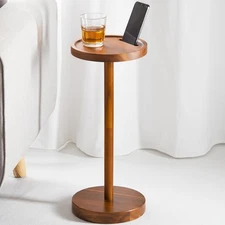 Drink Table, 24.4" Tall Compact Side Table with Phone Slot and Acacia