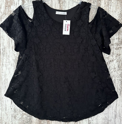 CHRIS & CAROL Women's Size L Black Lace Cold Shoulder Blouse Lined NWT
