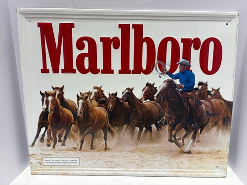 Vintage 1984 Marlboro Embossed Metal Advertising Sign Wild Horses 21" x 17"
