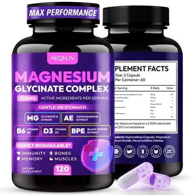 Magnesium Glycinate Complex 1150mg - Gentle on Stomach 120 Count (Pack of 1) 