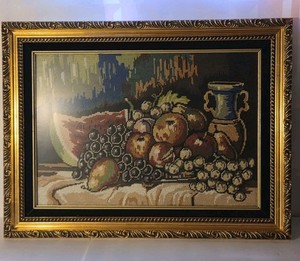 Vintage Needlepoint Fruit Still Life 25x19 Framed Grapes Kitchen Art