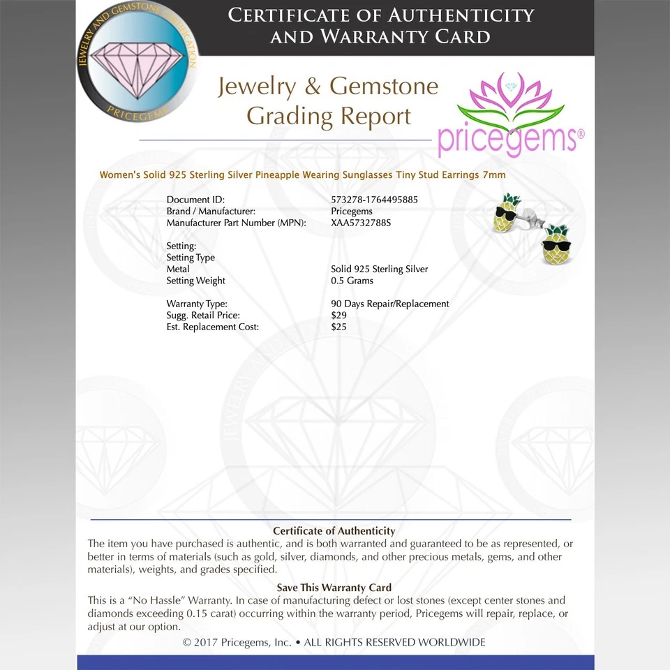 Solid 925 Sterling Silver Pineapple Wearing Sunglasses Tiny Stud Earrings 7mm - Image 2 of 4