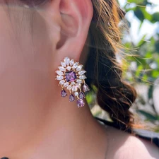 Gold Plated Purple Cubic Zirconia Tassel Drop Earrings for Women Wedding Banquet