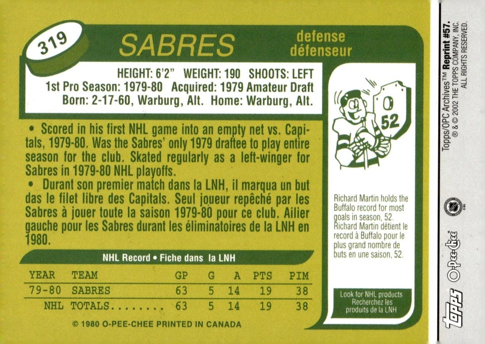 Lindy Ruff - Signed 2002 Topps O-Pee-Chee Archives Card #319 - Buffalo Sabres - Image 2 of 2