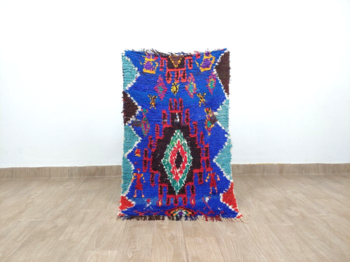 Vintage Moroccan Blue Area Rug 2x4 Geometric Tribal Berber Boujaad Cotton Carpet - Picture 2 of 9