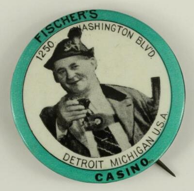 Vintage Travel Souvenir Advertising Pinback Button FISCHERS CASINO Detroit MI