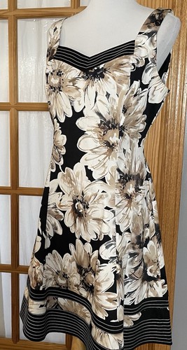 Vtg 90s AGB Women’s A-Line Dress Sz 14 Beige Floral Black Trim Sleeveless Mini - Picture 2 of 13