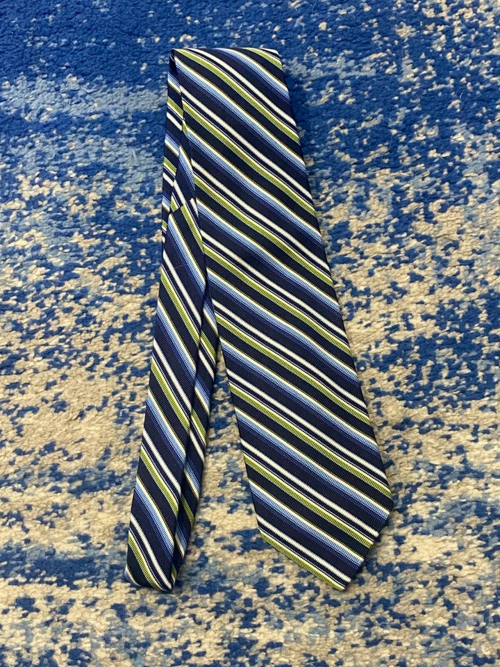 Gravata Barneys New York azul marinho verde branco listras seda algodão feita à mão - Imagem 2 de 4