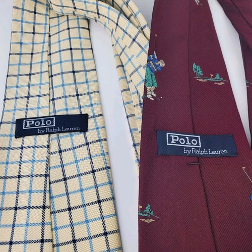 Pair Of VINTAGE POLO Ralph Lauren Men's Ties Embroidered Golf And Plaid. - Picture 5 of 10