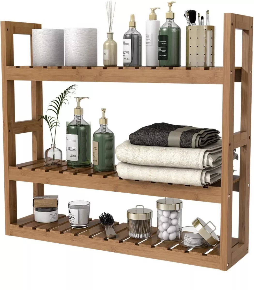 Domax Bamboo Bathroom Shelf 3-Tier Wall Mount Storage Rack Adjustable Coffee