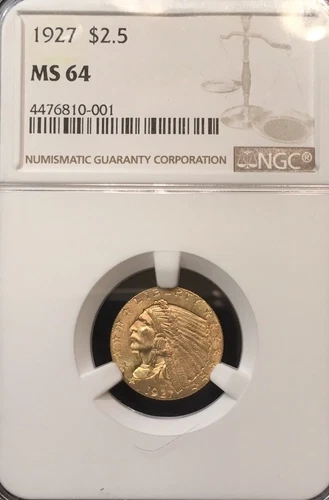 1927 NGC Quarter Eagle, $2.5 Gold Indian NGC MS 64 ** Very Nice & Sharp, Tough!