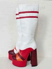 Women Knee High Boots Round Toe Platform Side Zip Up Chunky Thick High Boots