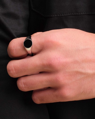 Black Onyx Round Gemstone Mens Signet Ring 925 Sterling Silver Ring Gift For Him - Picture 6 of 11