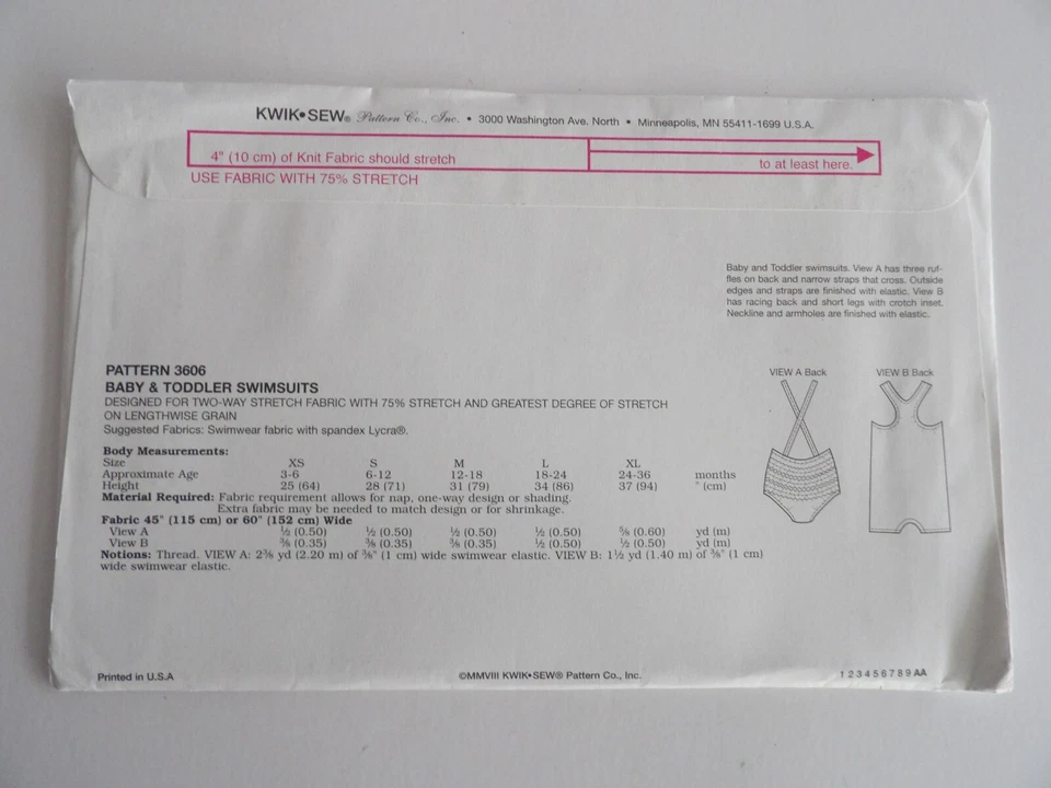Kwik Sew 3606 Baby Toddler Swimsuit Criss-Cross Back Ruffles Size XS-XL Uncut - Image 2 of 2