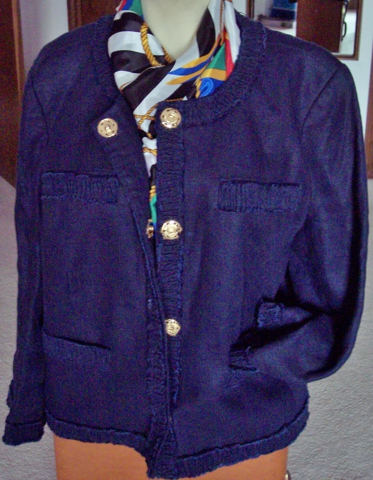 MICHAEL KORS BLUE LINEN 3/4-SLEEVE JACKET W/H GOLD SNUPS SZ 16 - Image 3 of 4