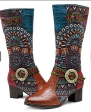 Socofy Pointed Toe Adhesive Soled High Top Cowhide Bohemian Ethnic Style EU 39