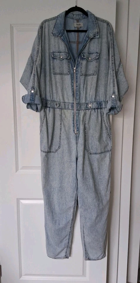 New Look Denim 100% Cotton 14 Jumpsuit Blue Roll Long Sleeve Elastic Waist Zip - Image 3 of 4