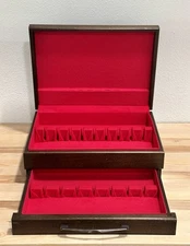 Vtg Walnut Color Wood 12 Place Setting Anti-Tarnish Silverware Chest w/ Drawer