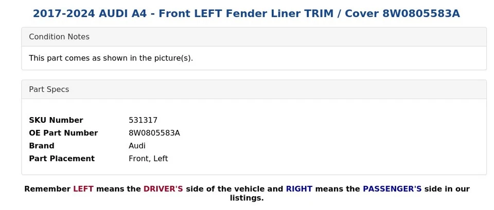 AUDI A4 2017-2024 - Guardabarros delantero izquierdo embellecedor/cubierta 8W0805583A Foto 4 de 4