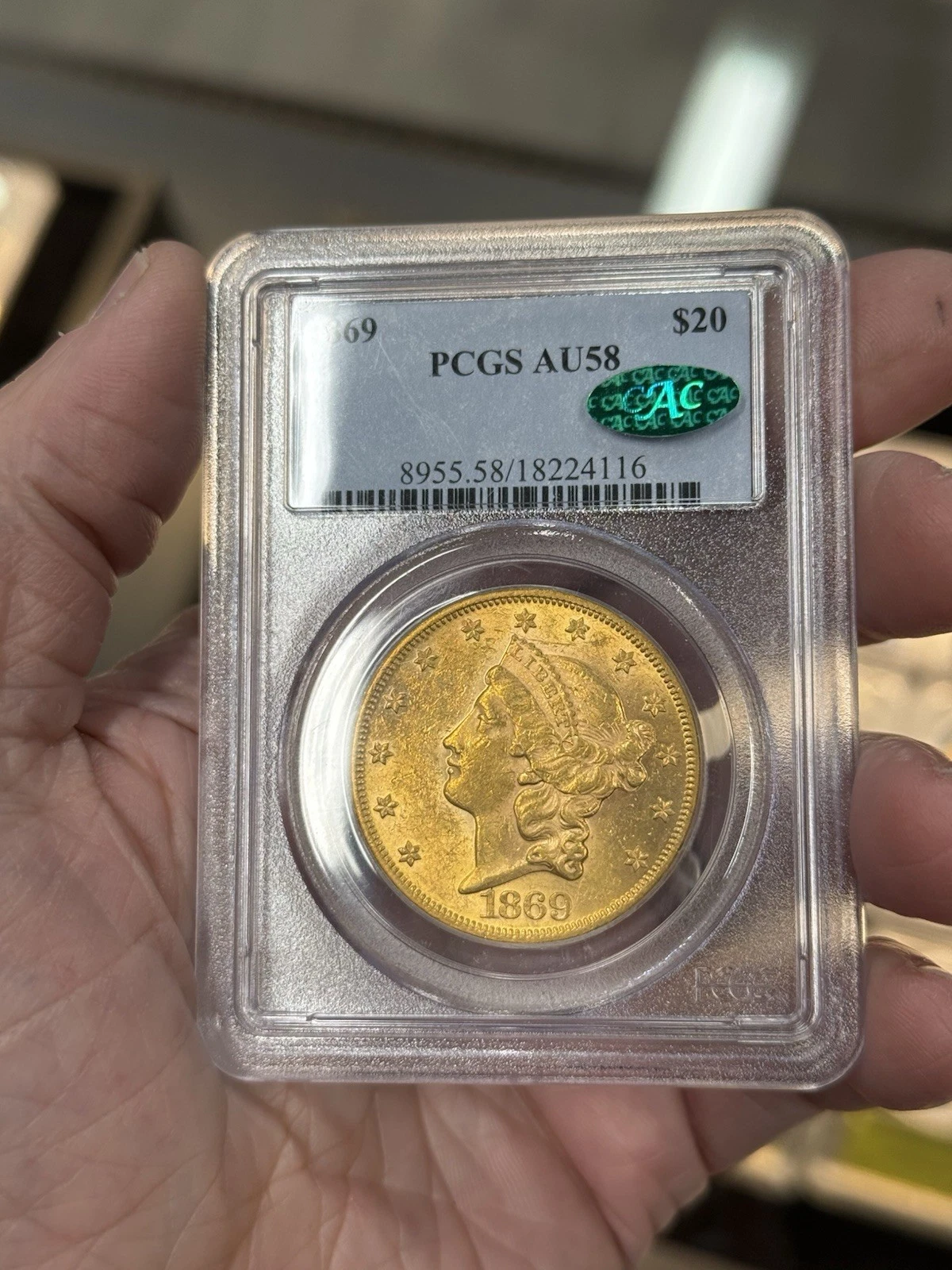 1869 $20 gold liberty double Eagle PCGS AU58 CAC Gorgeous