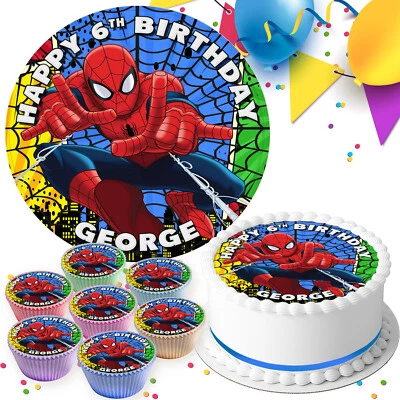 SPIDERMAN BIRTHDAY PARTY PERSONALISED EDIBLE CAKE TOPPER & CUPCAKE TOPPERS SV528