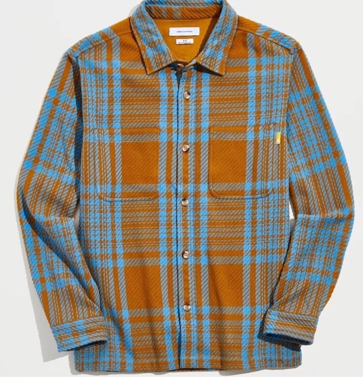 Urban Outfitters Men Exploded Twill Overshirt Shacket Gold Blue Plaid Flannel XL