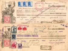 GIANT STUNNING SPANISH CIVIL WAR ERA BANK DRAFT(S) w MULT RARE STAMPS 90% OFF CV