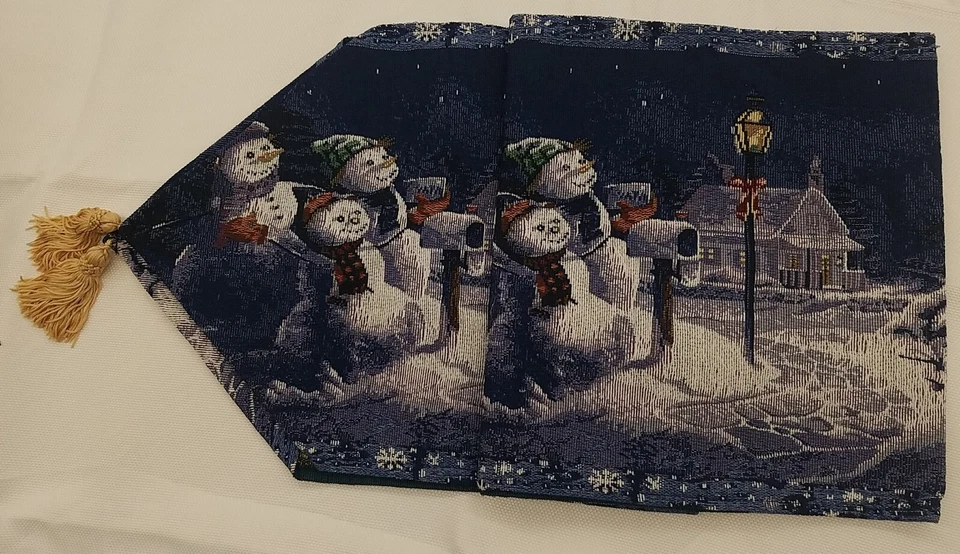 Navidad Invierno País de las Maravillas Muñeco de Nieve Muñecos de Nieve Corredor de Mesa Azul Marino 13x70 Borlas Foto 4 de 4