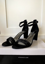 Pruce Ankle Strap Block Heels Nine West - Black, Silver Bottom, Black Lace Strap