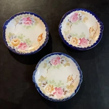 Set Of 3.  Nippon Hand Painted Pink  Roses & Gold Cobalt. 6 1/2”.
