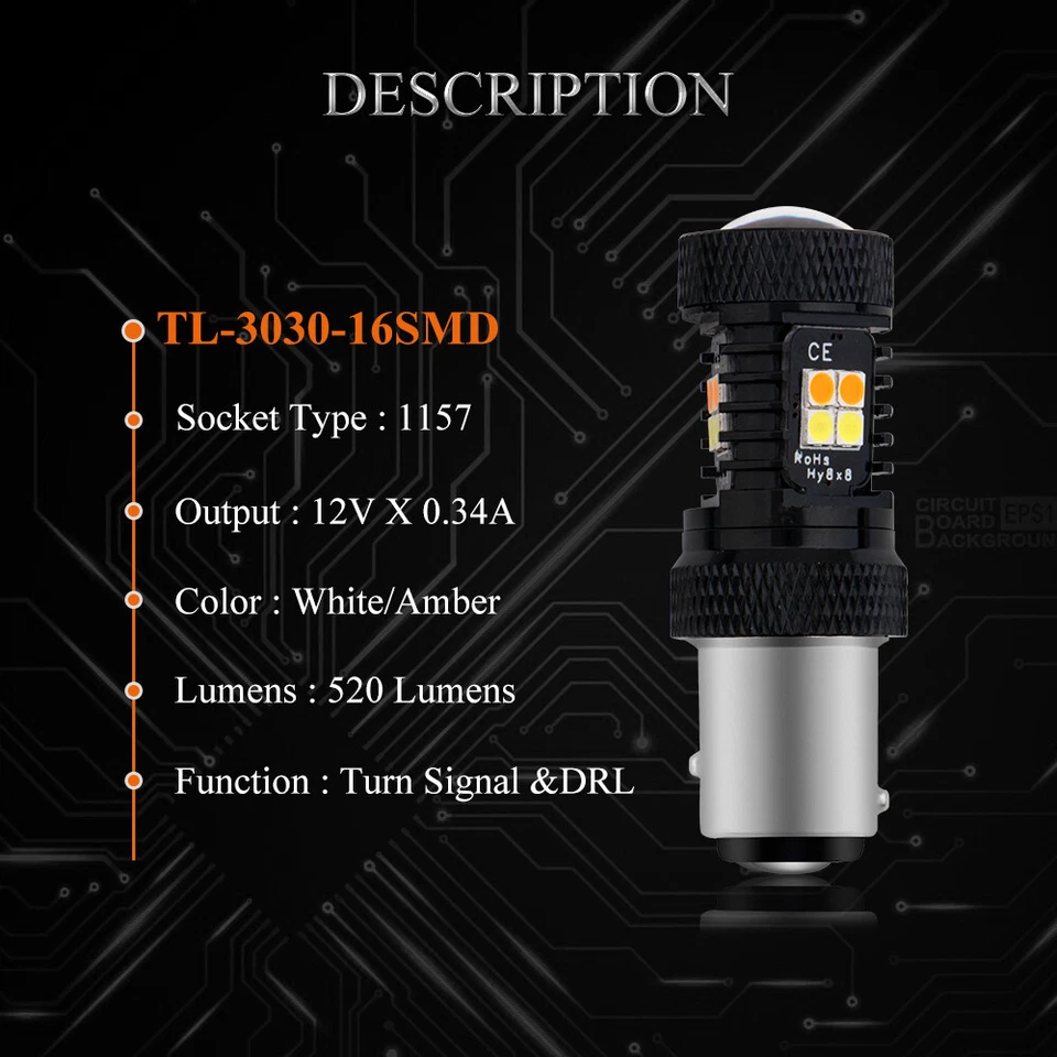 2Pcs White Amber Switchback 1157 BAY15D 16SMD 3030 LED Brake Reverse Light - Image 3 of 4