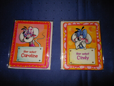 Diddl Türschild , Namensschild '' Hier wohnt:   Caroline , Cindy  '' Ovp