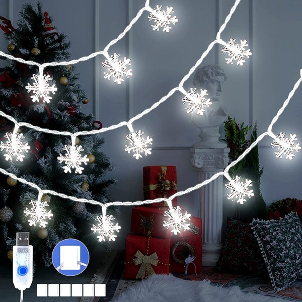 Weihnachtsbeleuchtung 50 Leds Lichterkette USB Schneeflocke Lichterkette Deko 5M-image