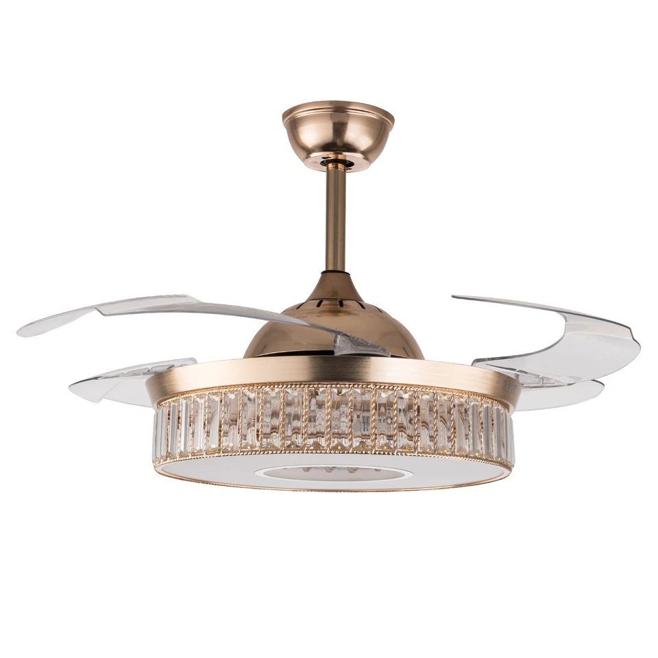 42'' Retractable Ceiling Fan Light Lamp Dimmable LED Crystal Chandelier W/Remote - Image 3 of 4