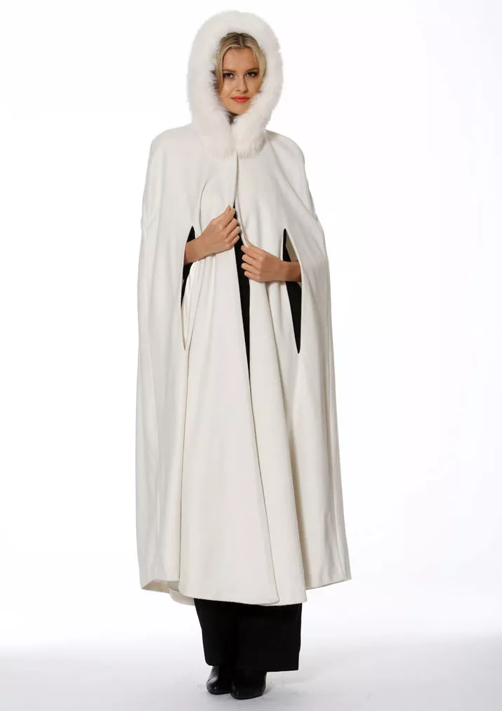 Womens Long Cashmere Opera Cape Cloak with Hood Winter White Fox