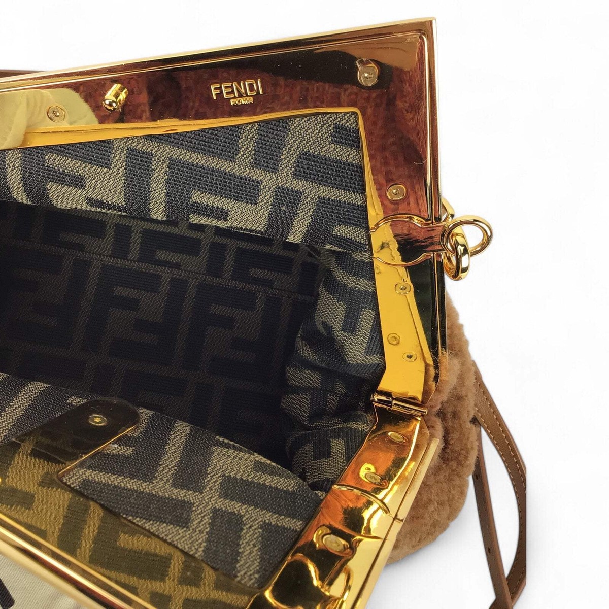 Fendi First Brown Shearling Sheepskin Shoulder Bag w/ Gold