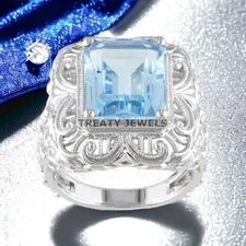 Aquamarine Emerald Cut Gemstone With 925 Sterling Silver Ring For Men's #155