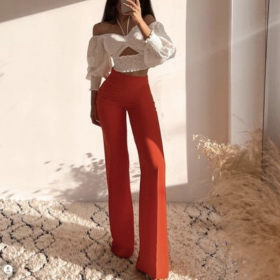 【新品未開封】piping color roomwear （ladies） ZARA NEW WOMAN FLUID HIGH WAIST PANTS ORANGE Straight Legs