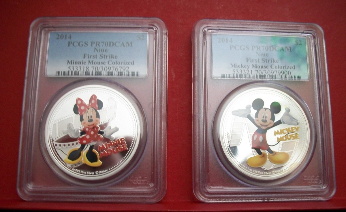 2014 DISNEY Minnie & Mickey COLORIZED 2 OZ SILVER PCGS PR 70 DC