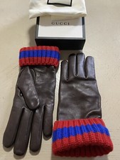 NWT 1280 Gucci Women Soft Leather/Cashmere Gloves DK Brown Size M Italy