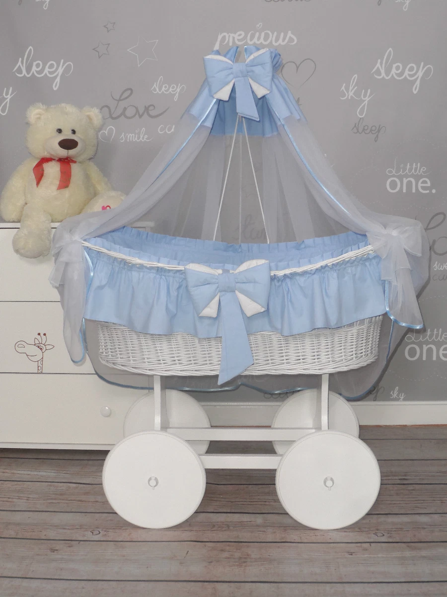 EXTRA LARGE WICKER MOSES BASKET WITH BEDDING SET AND WHITE STAND 6 COLOURS
